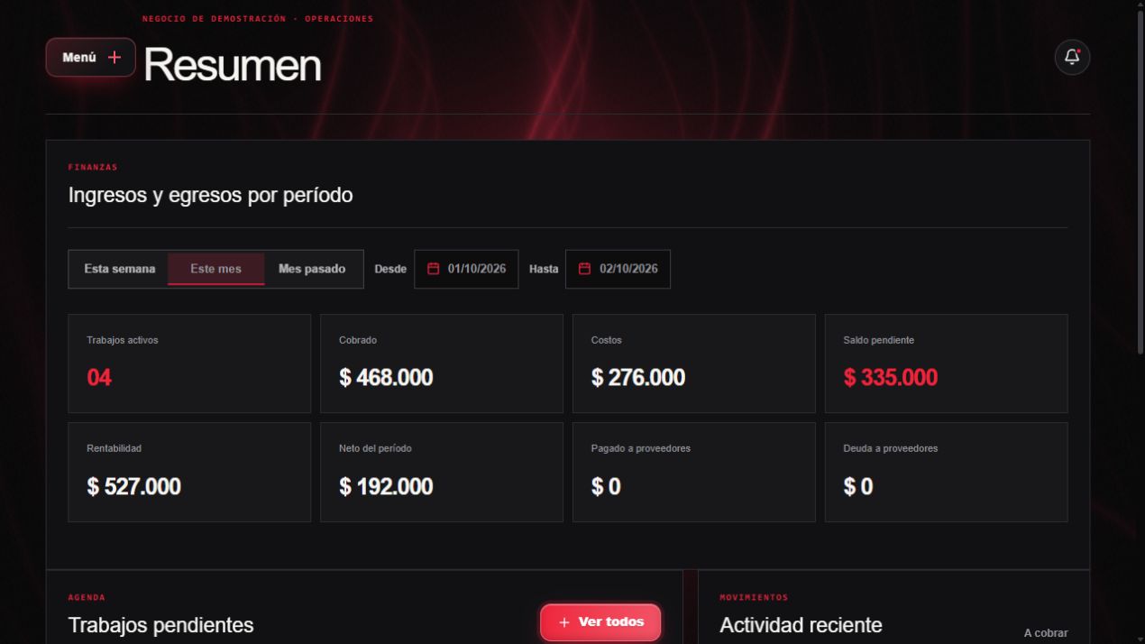 Pantalla real de hONcloud con cobros, costos y saldo pendiente de un negocio de demostración